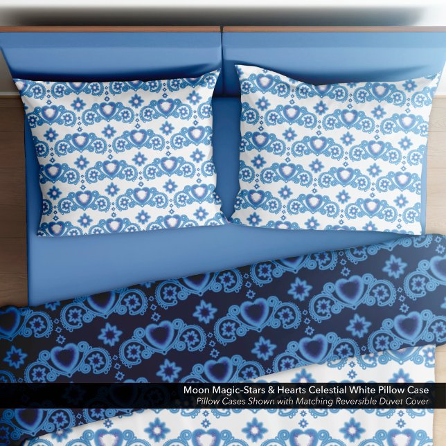 Moon Magic Stars Hearts Celestial White Pillowcase (Moon Magic–Stars & Hearts White Pillow Case–Shown with the Matching Reversible Duvet Cover.)