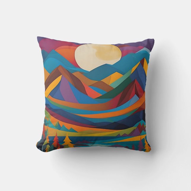 Moon Mountains Trees Throw Pillow (Front)