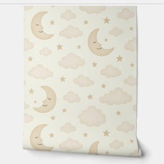 Moon Neutre & Étoiles Pépinière Papier peint Beige