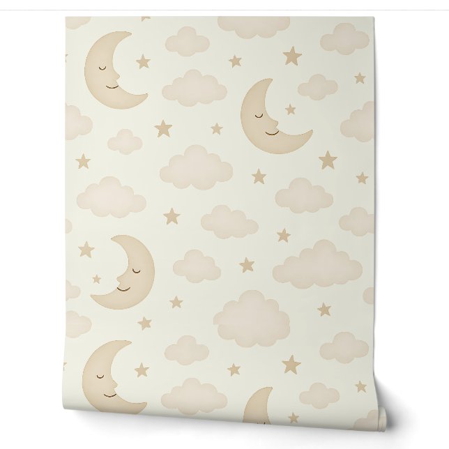 Moon Neutre & Étoiles Pépinière Papier peint Beige (Déroulement)