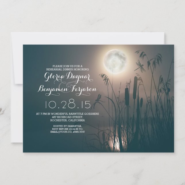 moon night dragonfly &water grass rehearsal dinner invitation (Front)