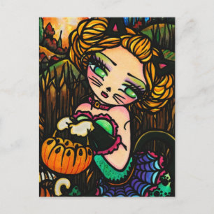 Moon Night Halloween Kitty Cat Girl Fantasy Art Postcard