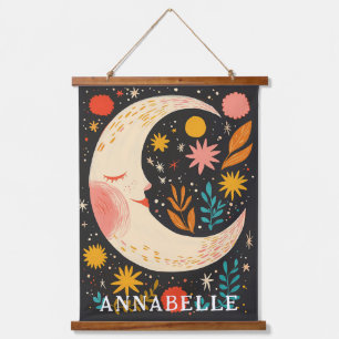 Moon Night Sky Boho Floral Illustration First Name Hanging Tapestry