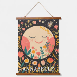 Moon Night Sky Boho Floral Illustration First Name Hanging Tapestry