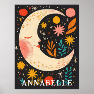 Moon Night Sky Boho Floral Illustration First Name Poster