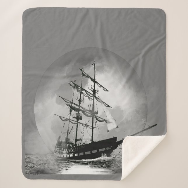 Moon Night Sky Sailing Ship Haunted Graphic art Sherpa Blanket (Front)