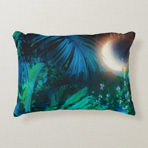 Moon Night Tropical Jungle Leaves Silver Blue Accent Pillow