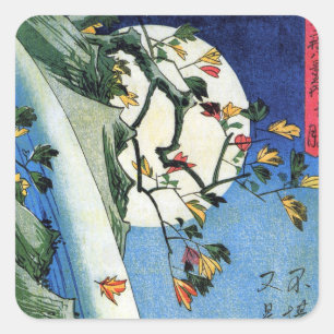 Moon over a Waterfall, Hiroshige, Ukiyo-e Square Sticker