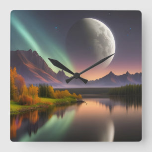 Moon over Mountain Landscape Square Wall Clock