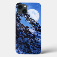 Moon over snowy fir tree and sea coast at night
