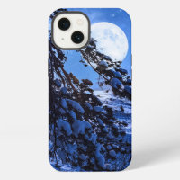 Moon over snowy fir tree and sea coast at night