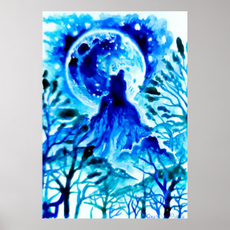 Moon over the mountains and forest poster