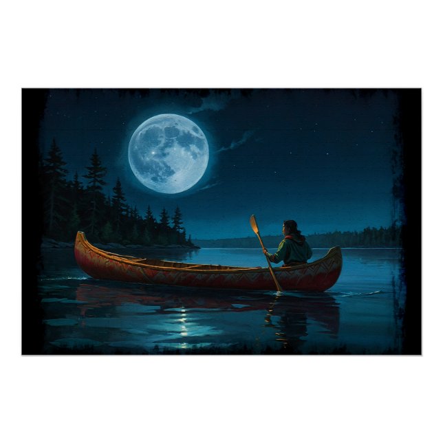 Moon over Vancouver Island and Canoe Poster (Front)