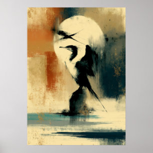 Moon Perikan Japanese Sumi-E Abstract Pelican Wall Poster