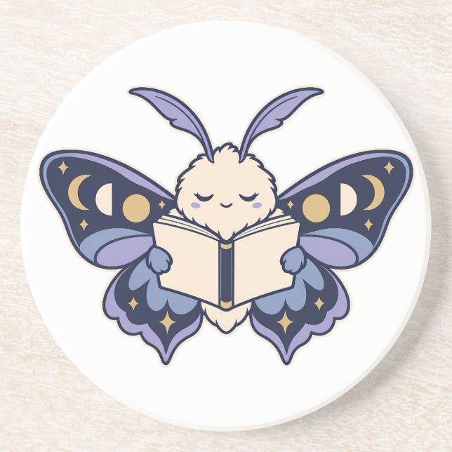 Moon Phase Moth Reading Book Coaster (Front)