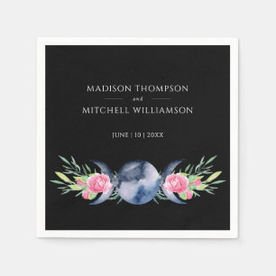 Moon Phase Pink Roses Floral Metaphysical Wedding Napkin