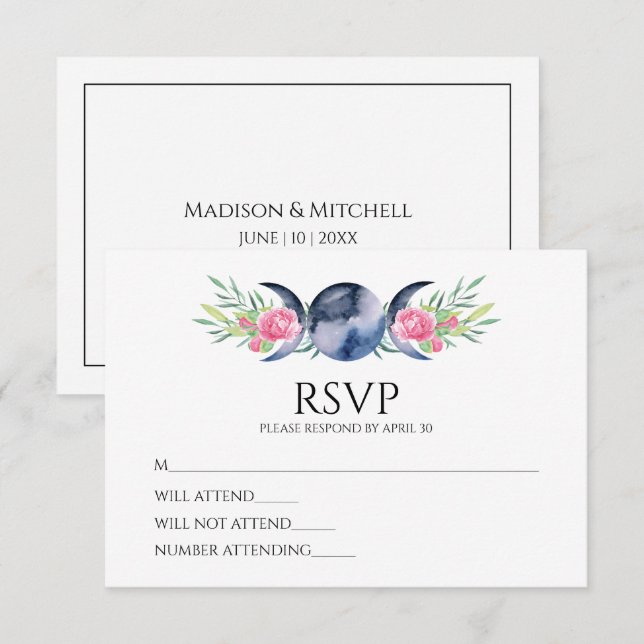 Moon Phase Pink Roses Floral Metaphysical Wedding  RSVP Card (Front/Back)