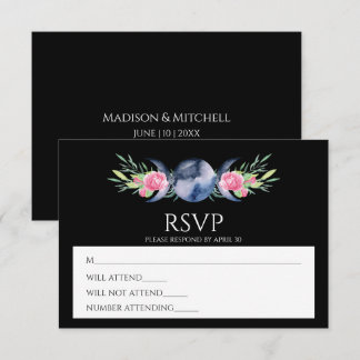 Moon Phase Pink Roses Floral Metaphysical Wedding  RSVP Card