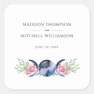 Moon Phase Pink Roses Floral Metaphysical Wedding Square Sticker