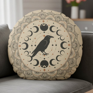 Moon Phase Raven Mandala Round Pillow