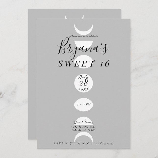 Moon Phases Cycles Grey & White Sweet 16 Invitation (Front/Back)