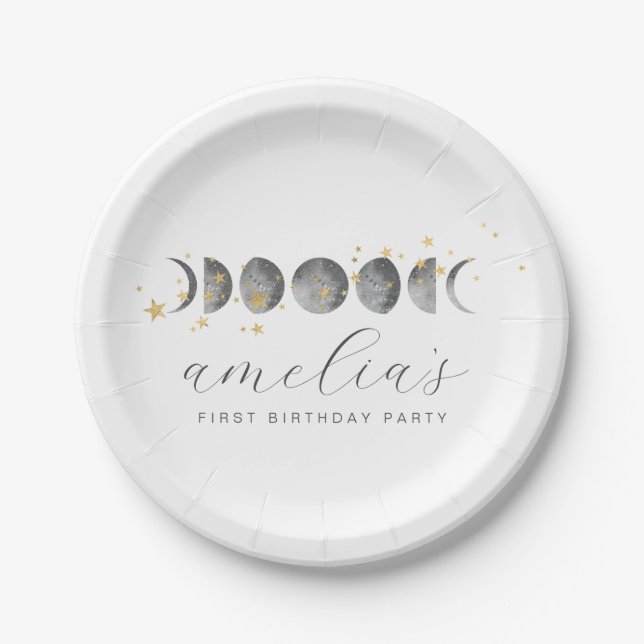 Moon Phases Gold Stars Paper Plate (Front)