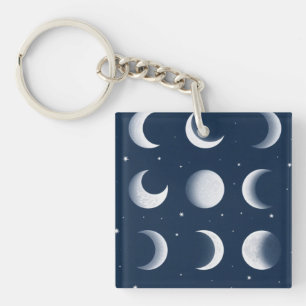 Moon Phases Grid Celestial Pattern Design Keychain