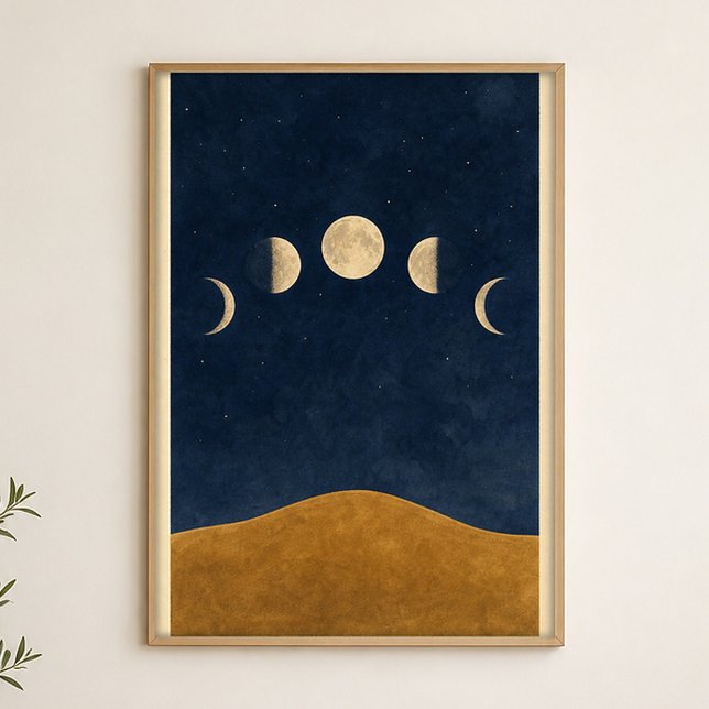 Moon Phases Hill Watercolour Celestial Art Poster (Shown framed for scale. Poster ships unframed; frames are an optional add-on.)