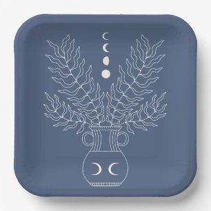 Moon phases leaves foliage urn slate blue paper pl paper plate