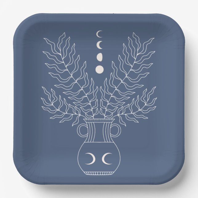 Moon phases leaves foliage urn slate blue paper pl paper plate (Front)