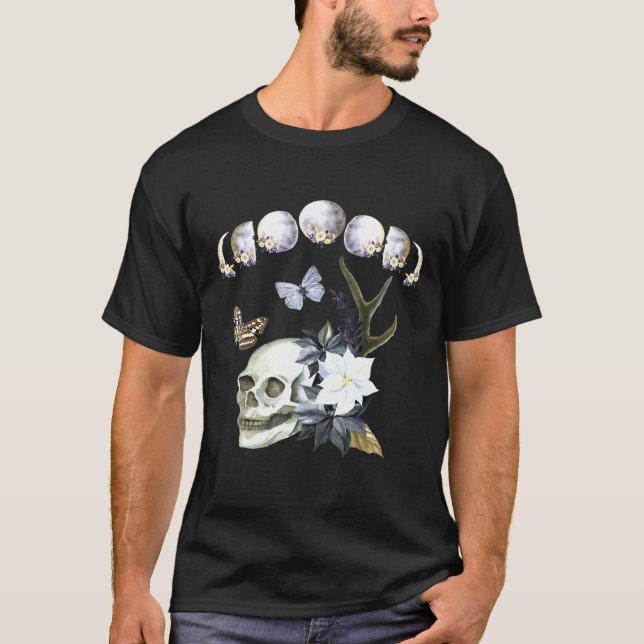 Moon Phases Of The Moon Floral Skull Butterfly Cot T-Shirt (Front)