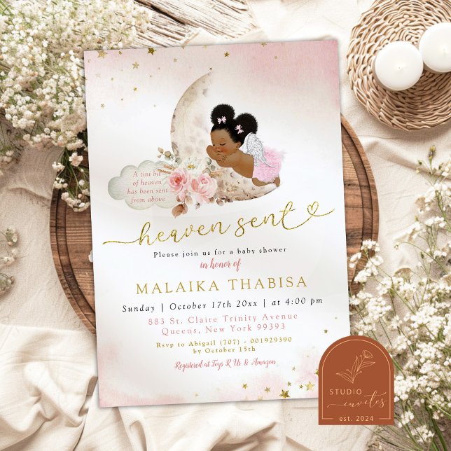 Moon Pink Boho Afro African Girl Angel Baby Shower Invitation (Creator Uploaded)