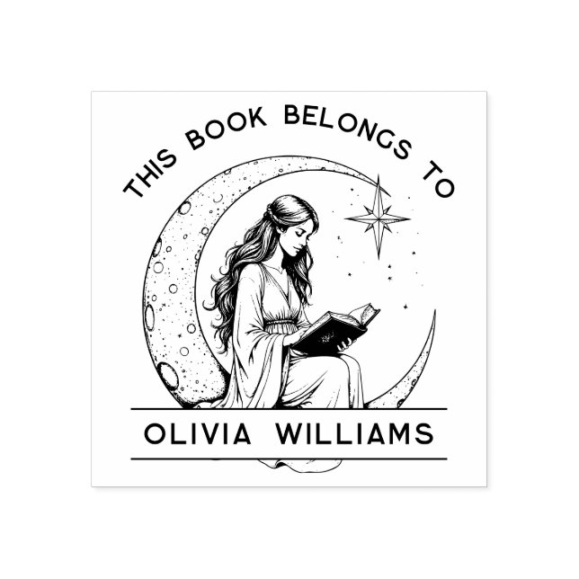 Moon Princess Crescent Moon Reading Ex Libris Rubber Stamp (Imprint)