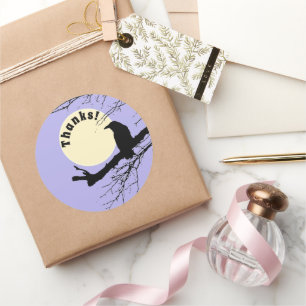 Moon Raven on a branch with purple background  Classic Round Sticker