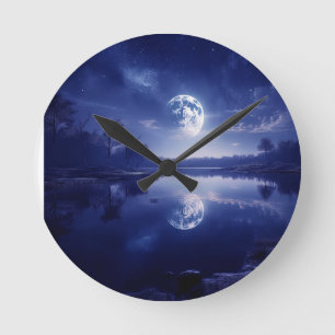 Moon Reflecting Onto Lake Surface  Round Clock
