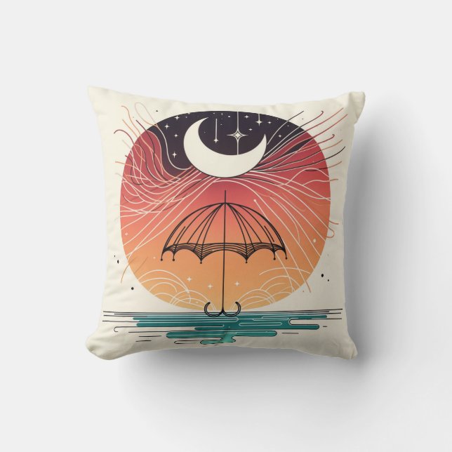 Moon Resting on Umbrella with Starfall Art Throw Pillow (Front)