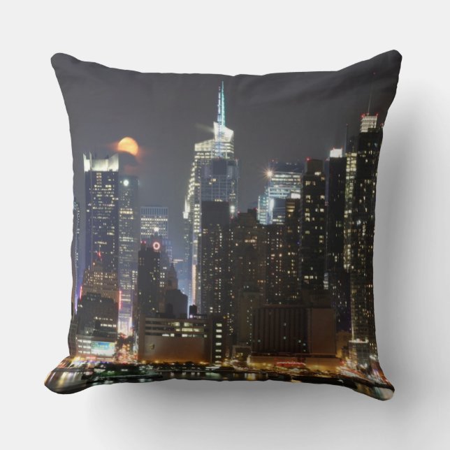 Moon rises over midtown New York. Throw Pillow (Front)