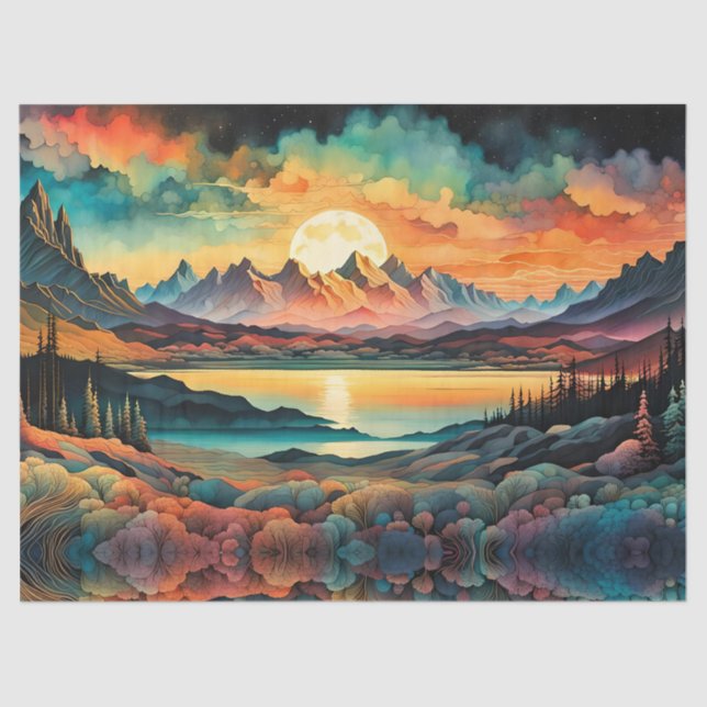 Moon Rising Over Mountains, Retro Colour Design Tissue Paper (Front)