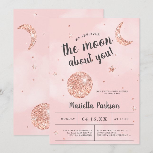 Moon rose gold glitter pink clouds baby shower invitation (Front/Back)