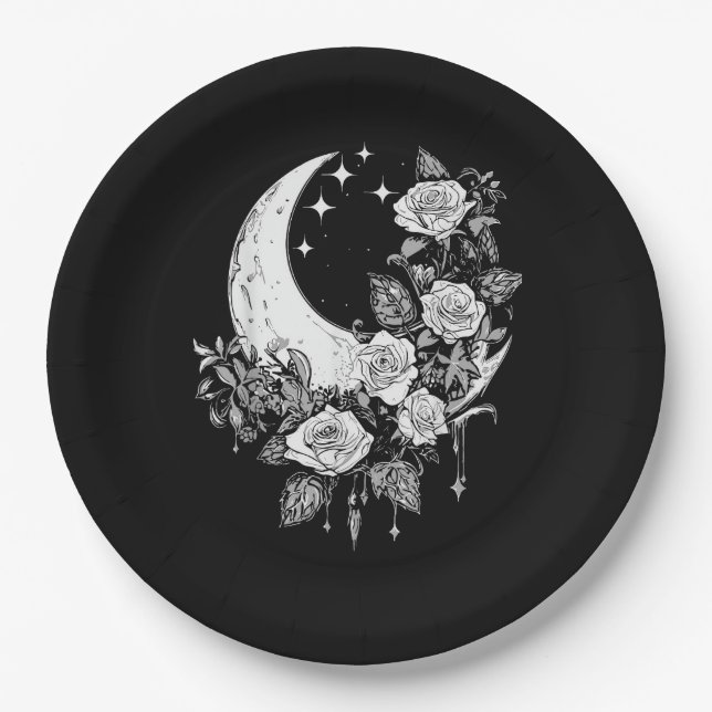 Moon Roses - Romantic Goth - Whimsigoth Witchy Wit Paper Plate (Front)