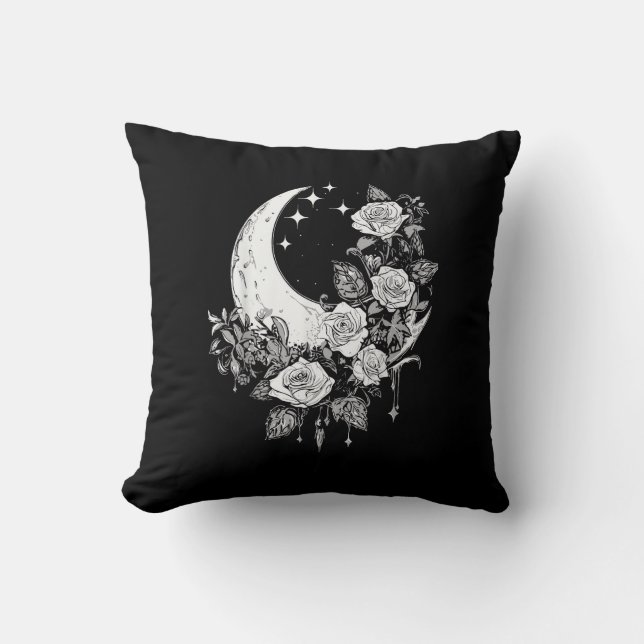 Moon Roses - Romantic Goth - Whimsigoth Witchy Wit Throw Pillow (Front)