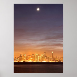 Moon setting over San Francisco on hazy December Poster