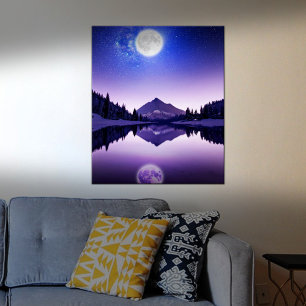 Moon shining night on lake poster