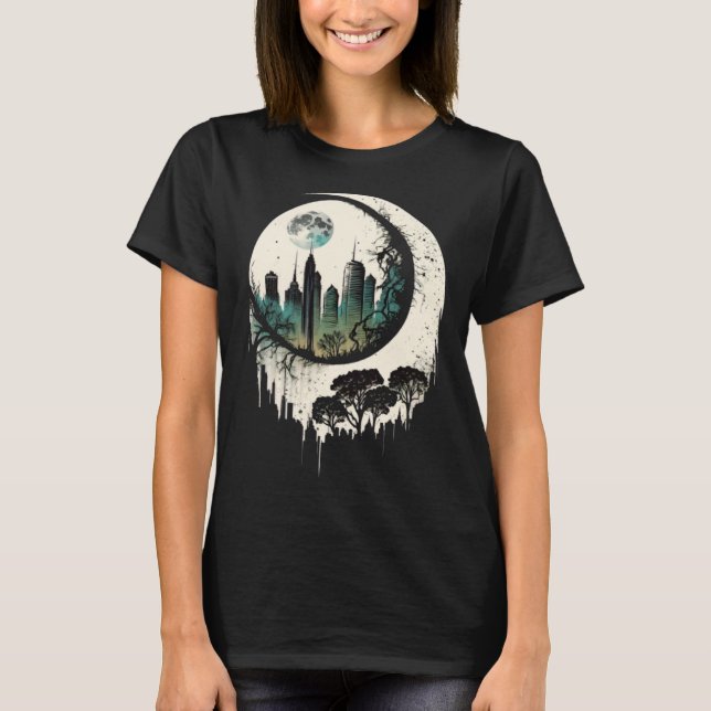 Moon Skyline City By Night Crescent Moon Aesthetic T-Shirt (Front)