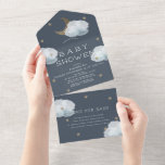 Moon Star & Cloud Navy Blue Book Baby Shower All In One Invitation<br><div class="desc">This cute gender neutral baby shower invitation card features the faux gold glitter crescent moon,  stars and fluffy clouds on a midnight blue/navy blue background. It includes a book request/books for baby/please bring a book card. Personalize it for your needs. You can find matching products at my store.</div>