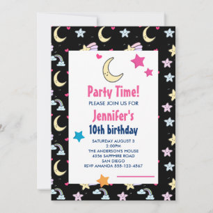 Moon, Stars and Clouds Pattern BlackBirthday Party Invitation