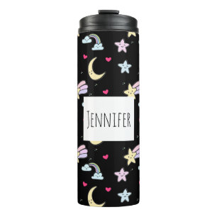 Moon, Stars and Clouds Pattern on Black Thermal Tumbler