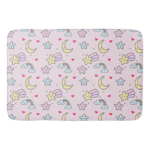 Moon, Stars and Clouds Pattern on Pastel Pink Bath Mat
