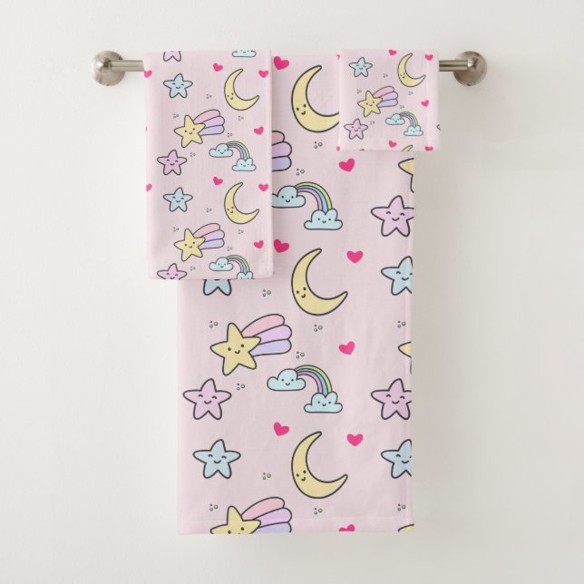 Moon, Stars and Clouds Pattern on Pastel Pink Bath Towel Set (Insitu)