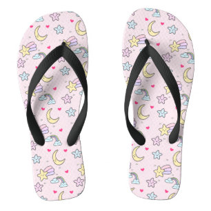 Moon, Stars and Clouds Pattern on Pastel Pink Flip Flops